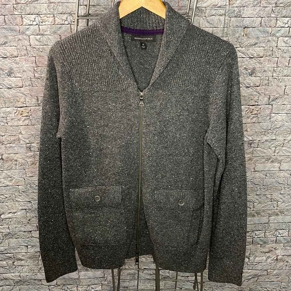 Banana Republic Men’s Wool Blend Full Zip Cardigan Sweater Gray Medium